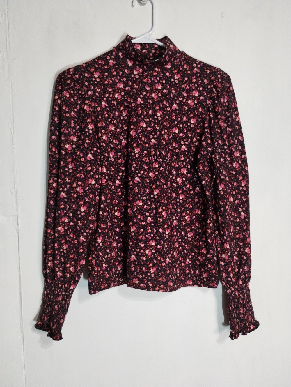 Smocked Cuff Floral High-Neck Blouse in Pink on Black
